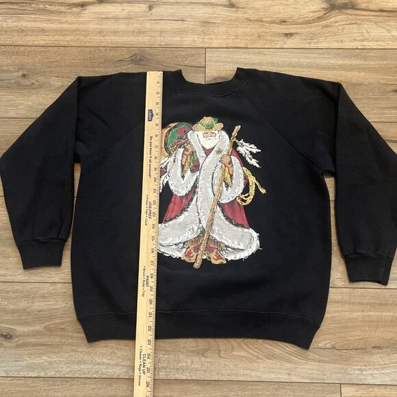 Santa Claus Sweatshirt SZ Medium Black Appliqué Hand Painted Southwestern Vtg - Picture 4 of 10